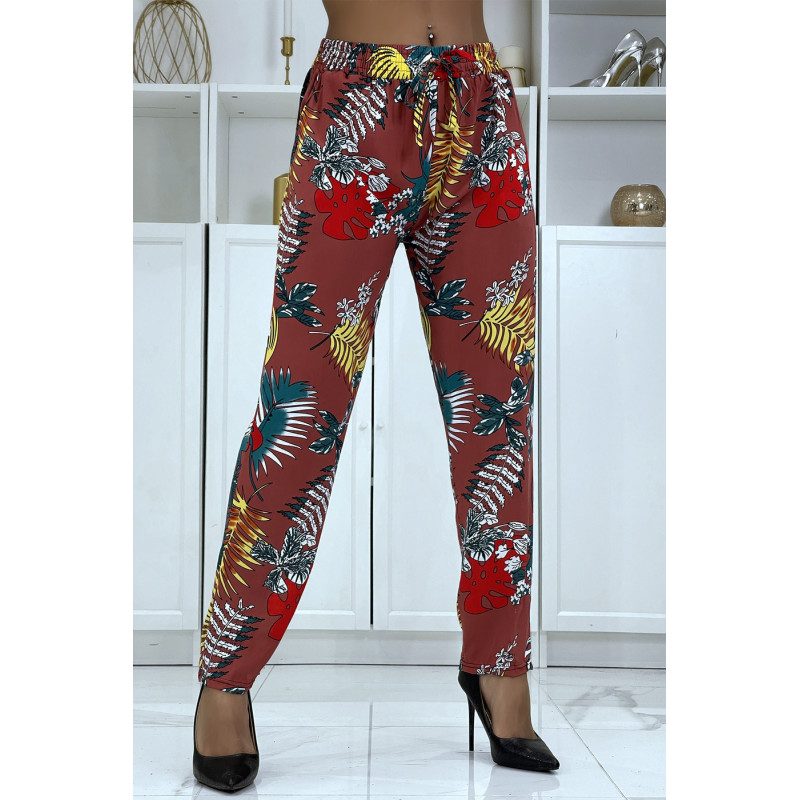 Pantalon fluide cognac à motif floral B-5