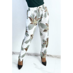 Pantalon fluide blanc à imprimé feuillage et fleuri