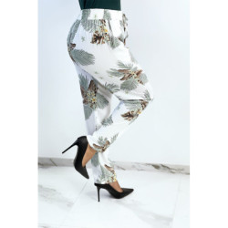 Pantalon fluide blanc à imprimé feuillage et fleuri