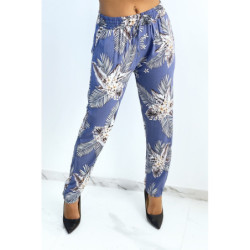 Pantalon fluide indigo à imprimé feuillage et fleuri
