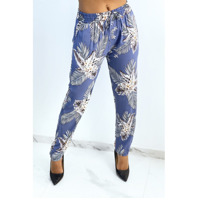 Pantalon fluide indigo à imprimé feuillage et fleuri