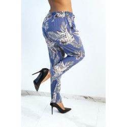 Pantalon fluide indigo à imprimé feuillage et fleuri