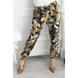 Pantalon fluide noir à motif tropical multicolore
