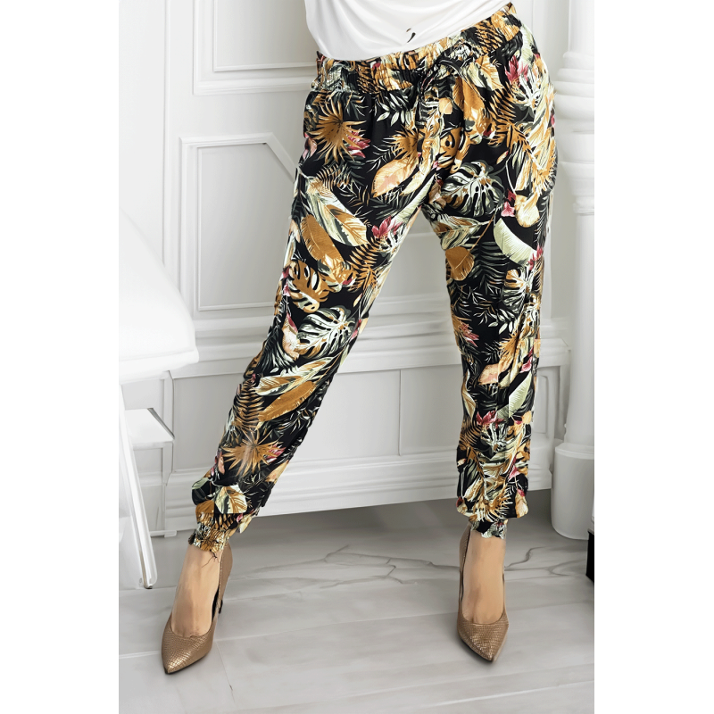 Pantalon fluide noir à motif tropical multicolore