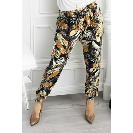 Pantalon fluide noir à motif tropical multicolore