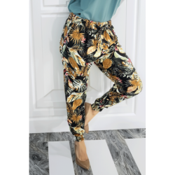 Pantalon fluide noir à motif tropical multicolore