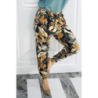Pantalon fluide noir à motif tropical multicolore