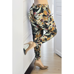 Pantalon fluide noir à motif tropical multicolore