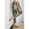 Pantalon fluide noir à motif tropical multicolore