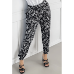 Pantalon fluide noir à motif aztèque avec joli noeud à la taille