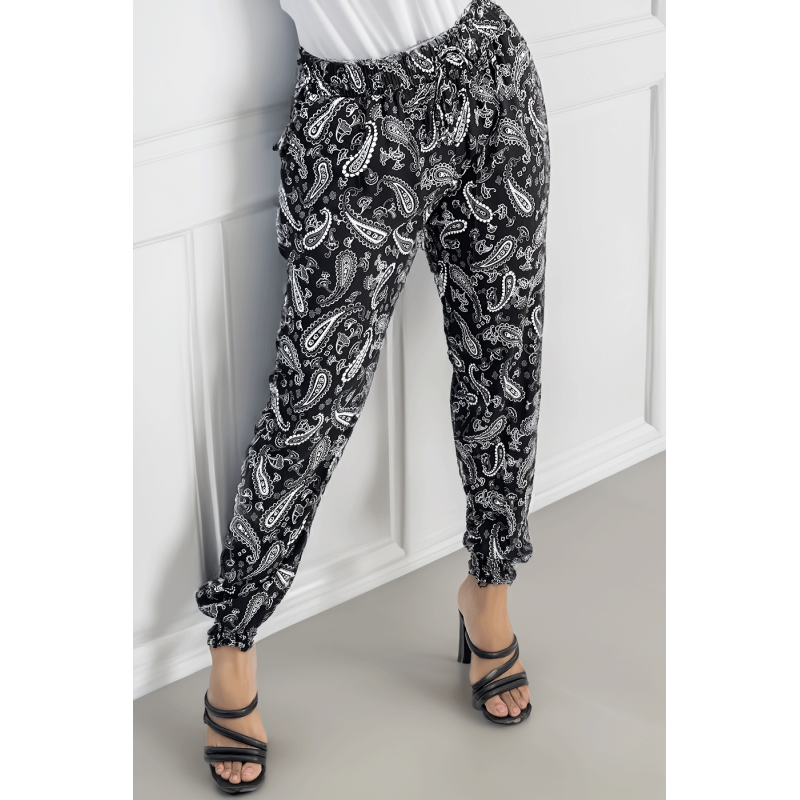 Pantalon fluide noir à motif aztèque avec joli noeud à la taille