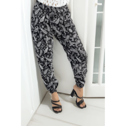 Pantalon fluide noir à motif aztèque avec joli noeud à la taille