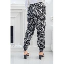 Pantalon fluide noir à motif aztèque avec joli noeud à la taille