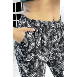 Pantalon fluide noir à motif aztèque avec joli noeud à la taille