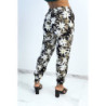 Pantalon fluide noir imprimé tropical resserré aux chevilles