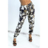 Pantalon fluide marine imprimé tropical resserré aux chevilles