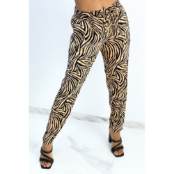 Pantalon fluide camel coupe droite à imprimé zèbres resserré aux chevilles