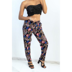 Pantalon fluide noir coupe droite à imprimé feuillage coloré