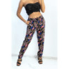 Pantalon fluide noir coupe droite à imprimé feuillage coloré