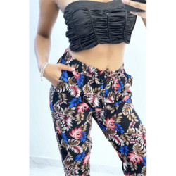 Pantalon fluide noir coupe droite à imprimé feuillage coloré