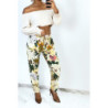Pantalon fluide beige coupe droite à large imprimé tropical