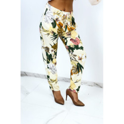 Pantalon fluide beige coupe droite à large imprimé tropical