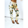 Pantalon fluide beige coupe droite à large imprimé tropical