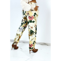 Pantalon fluide beige coupe droite à large imprimé tropical