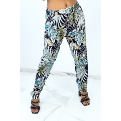 Pantalon fluide marine à rayures en pointillés et imprimé floral