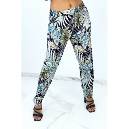 Pantalon fluide marine à rayures en pointillés et imprimé floral