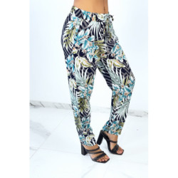 Pantalon fluide marine à rayures en pointillés et imprimé floral