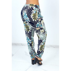 Pantalon fluide marine à rayures en pointillés et imprimé floral