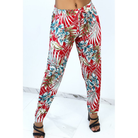 Pantalon fluide rouge à rayures en pointillés et imprimé floral
