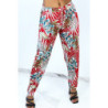 Pantalon fluide rouge à rayures en pointillés et imprimé floral