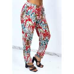 Pantalon fluide rouge à rayures en pointillés et imprimé floral