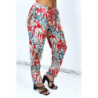 Pantalon fluide rouge à rayures en pointillés et imprimé floral