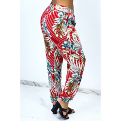 Pantalon fluide rouge à rayures en pointillés et imprimé floral