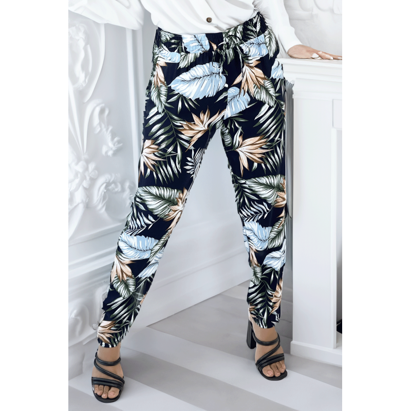 Pantalon fluide marine coupe droite à motif feuilles bleues et verts