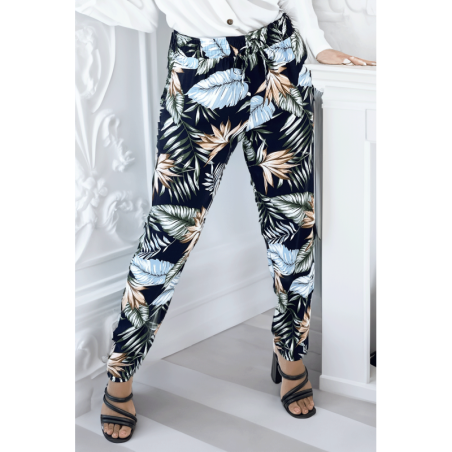 Pantalon fluide marine coupe droite à motif feuilles bleues et verts