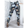 Pantalon fluide marine coupe droite à motif feuilles bleues et verts