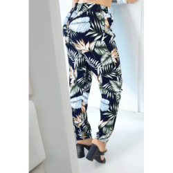 Pantalon fluide marine coupe droite à motif feuilles bleues et verts
