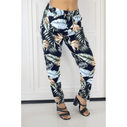 Pantalon fluide marine coupe droite à motif feuilles bleues et verts