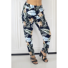 Pantalon fluide marine coupe droite à motif feuilles bleues et verts