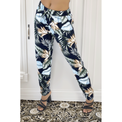 Pantalon fluide marine coupe droite à motif feuilles bleues et verts