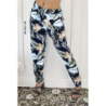 Pantalon fluide marine coupe droite à motif feuilles bleues et verts