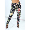 Pantalon noir cigarette fluide à magnifique fleurs colorées