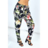 Pantalon noir cigarette fluide à magnifique fleurs colorées