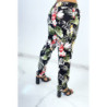 Pantalon noir cigarette fluide à magnifique fleurs colorées