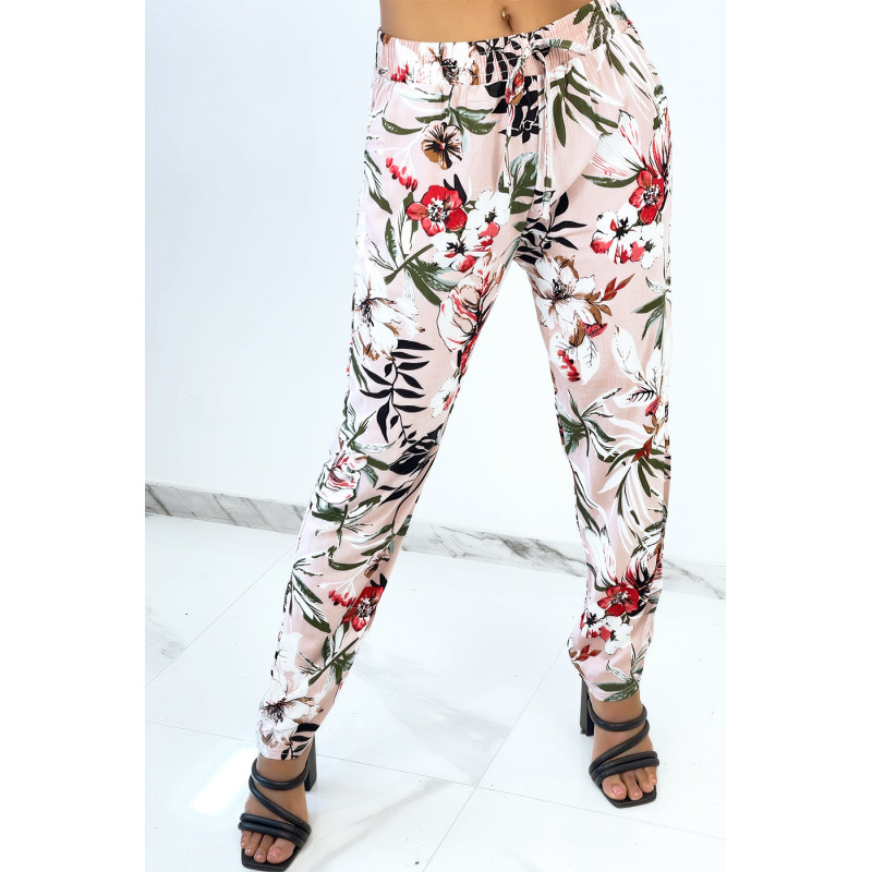 Pantalon rose cigarette fluide à magnifique fleurs colorées