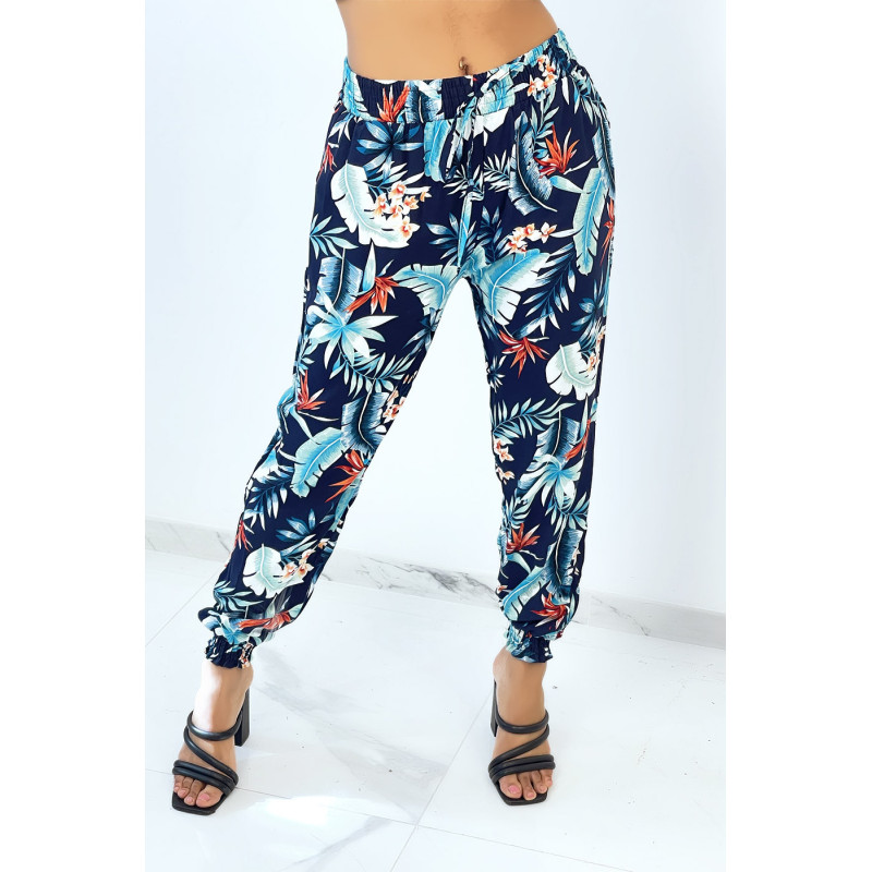 Pantalon marine cigarette fluide à motif feuillages et plumes